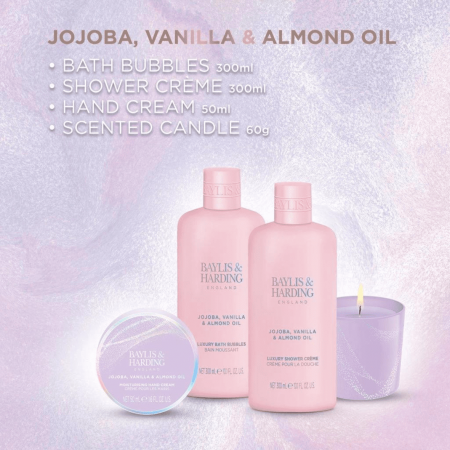 Baylis & Harding dárková sada péče o tělo se svíčkou - Jojoba, Vanilka & Mandlový olej, 4ks