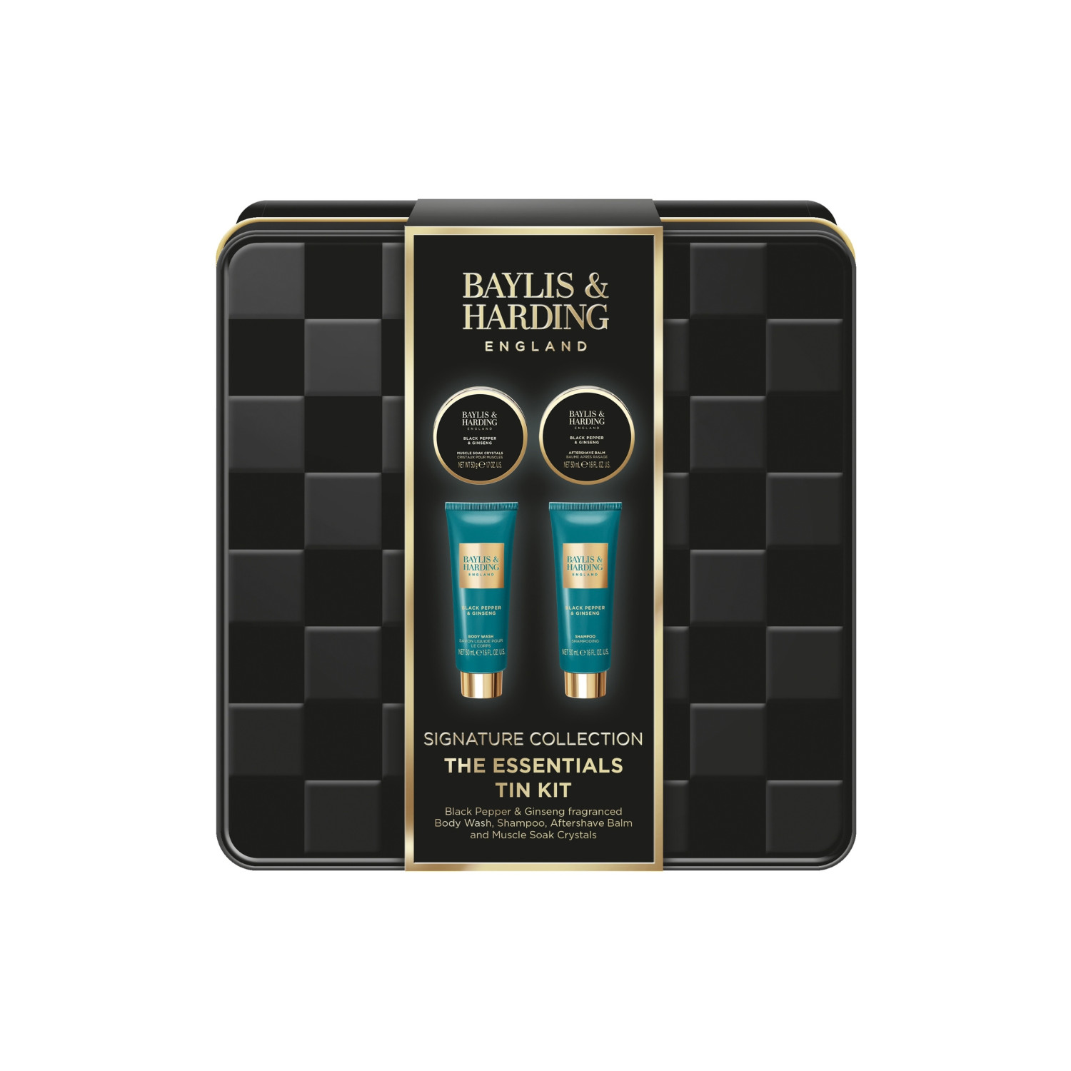 Baylis & Harding dárková sada pro muže, Black Pepper & Ginseng Men's The Essentials Tin Kit Gift Set, 4ks