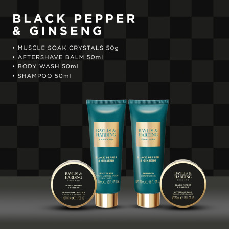 Baylis & Harding dárková sada pro muže, Black Pepper & Ginseng Men's The Essentials Tin Kit Gift Set, 4ks