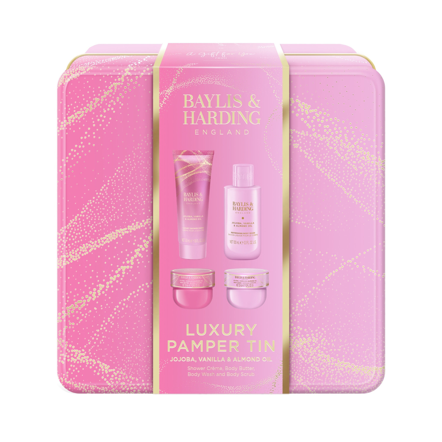 Baylis & Harding dárková sada, Jojoba, Vanilla & Almond Oil Luxury Pamper Tin Gift Set, 4ks