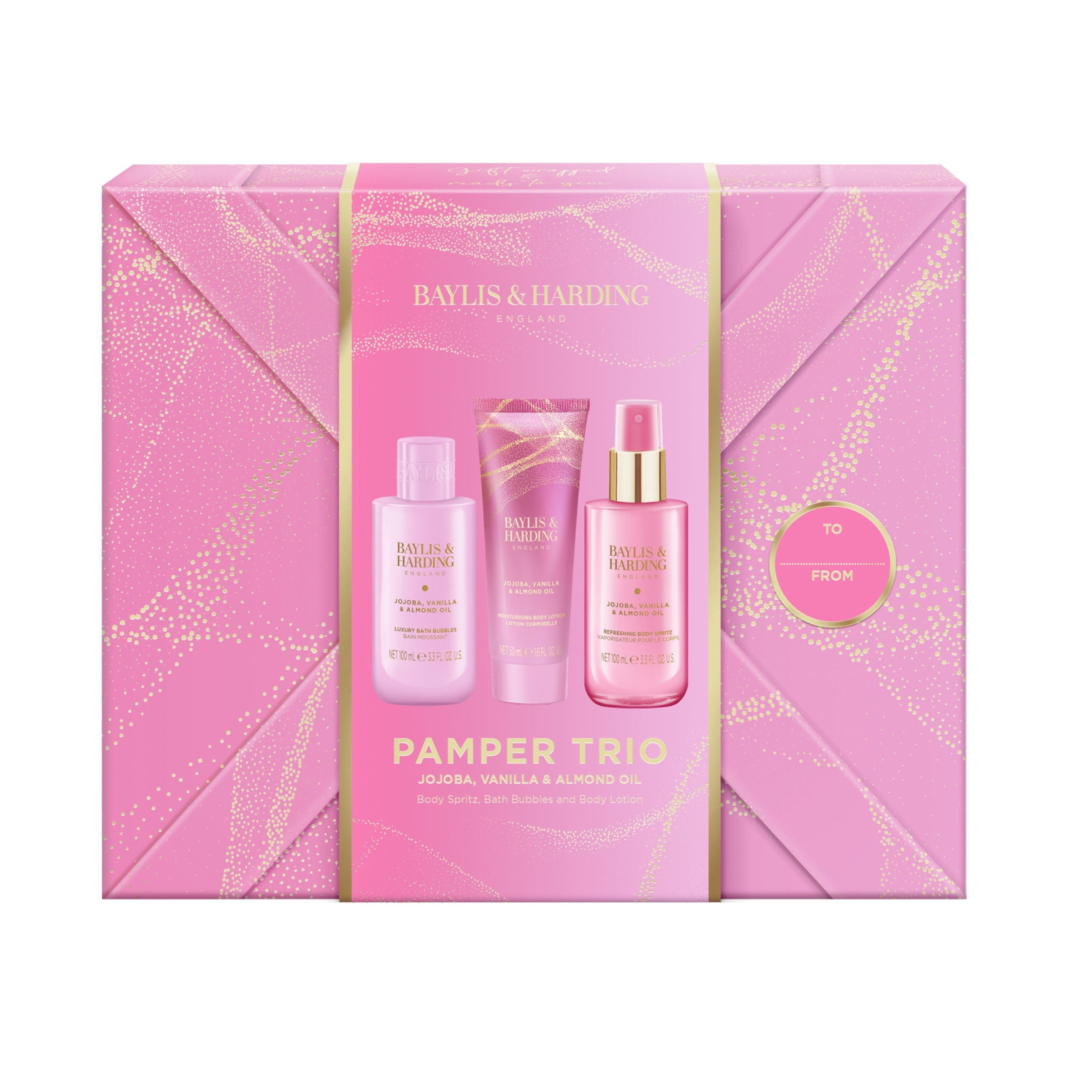 Baylis & Harding dárková sada, Jojoba, Vanilla & Almond Oil Gift Wrapped Pamper Set, 3ks