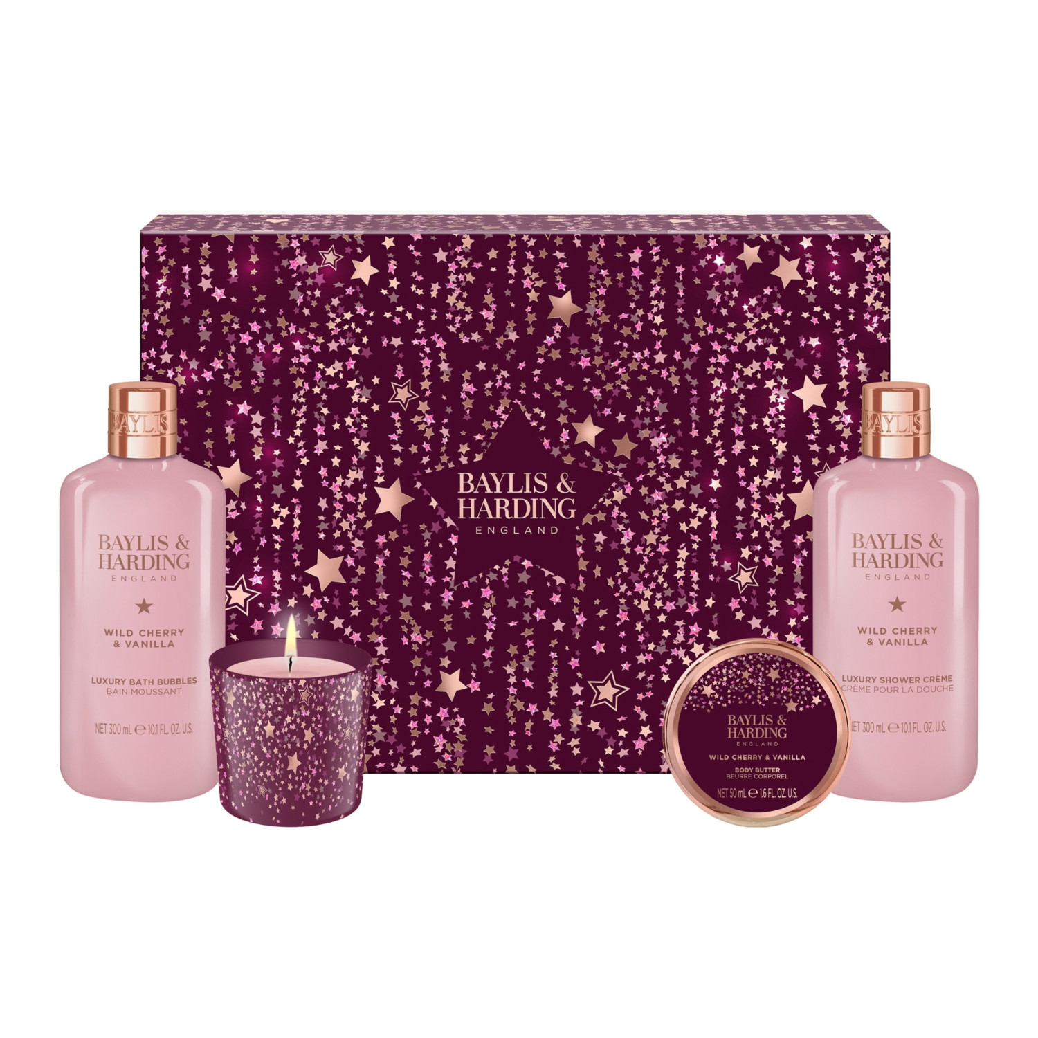 Baylis & Harding dárková sada, Wild Cherry & Vanilla Gift Wrapped Candlelit Bathing, 4ks