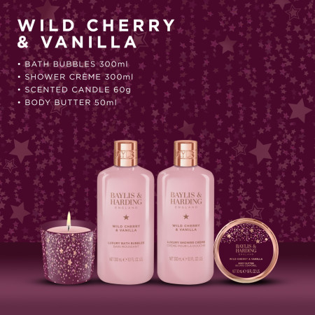 Baylis & Harding dárková sada, Wild Cherry & Vanilla Gift Wrapped Candlelit Bathing, 4ks