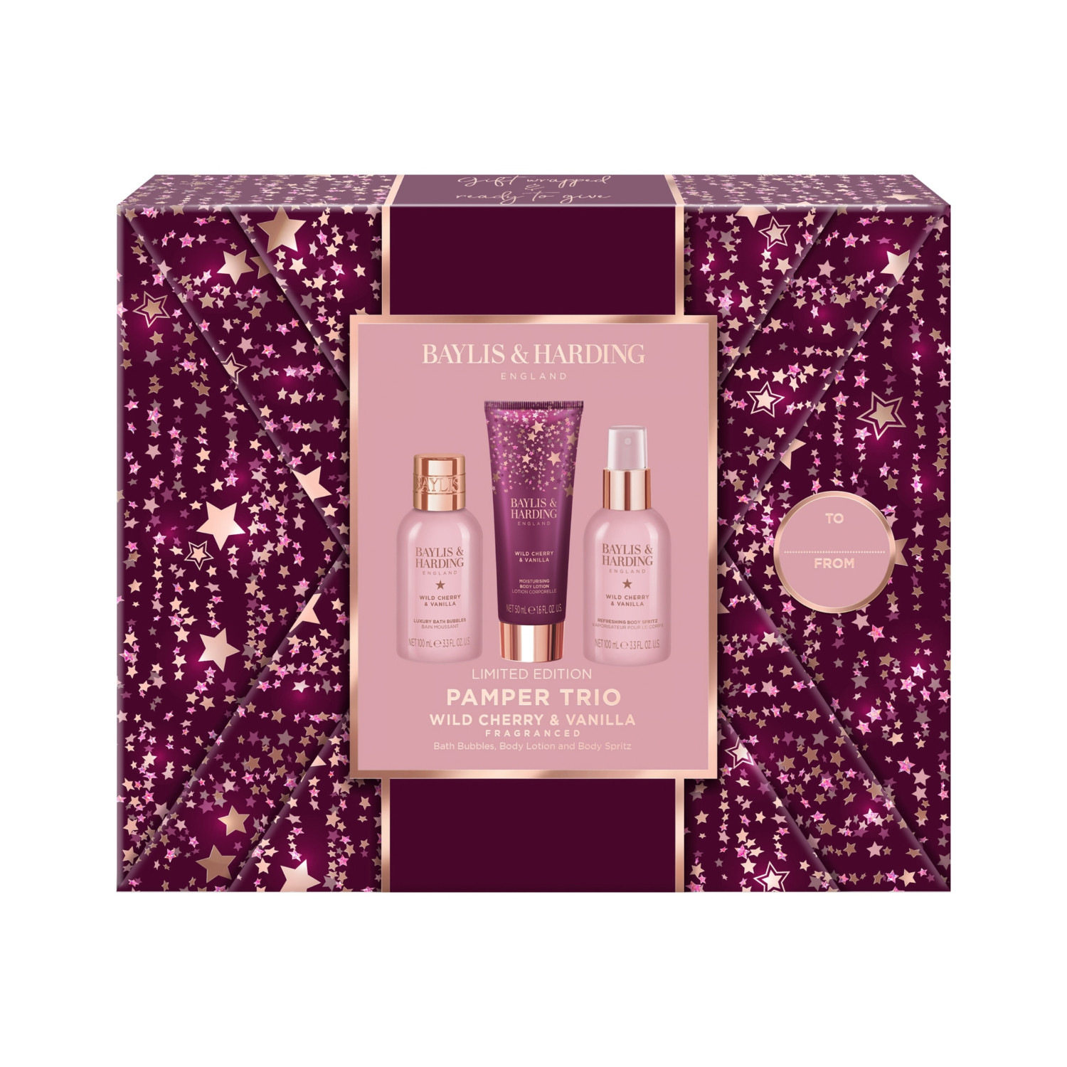 Baylis & Harding dárková sada, Wild Cherry & Vanilla Gift Wrapped Pamper Trio Gift Set,3ks